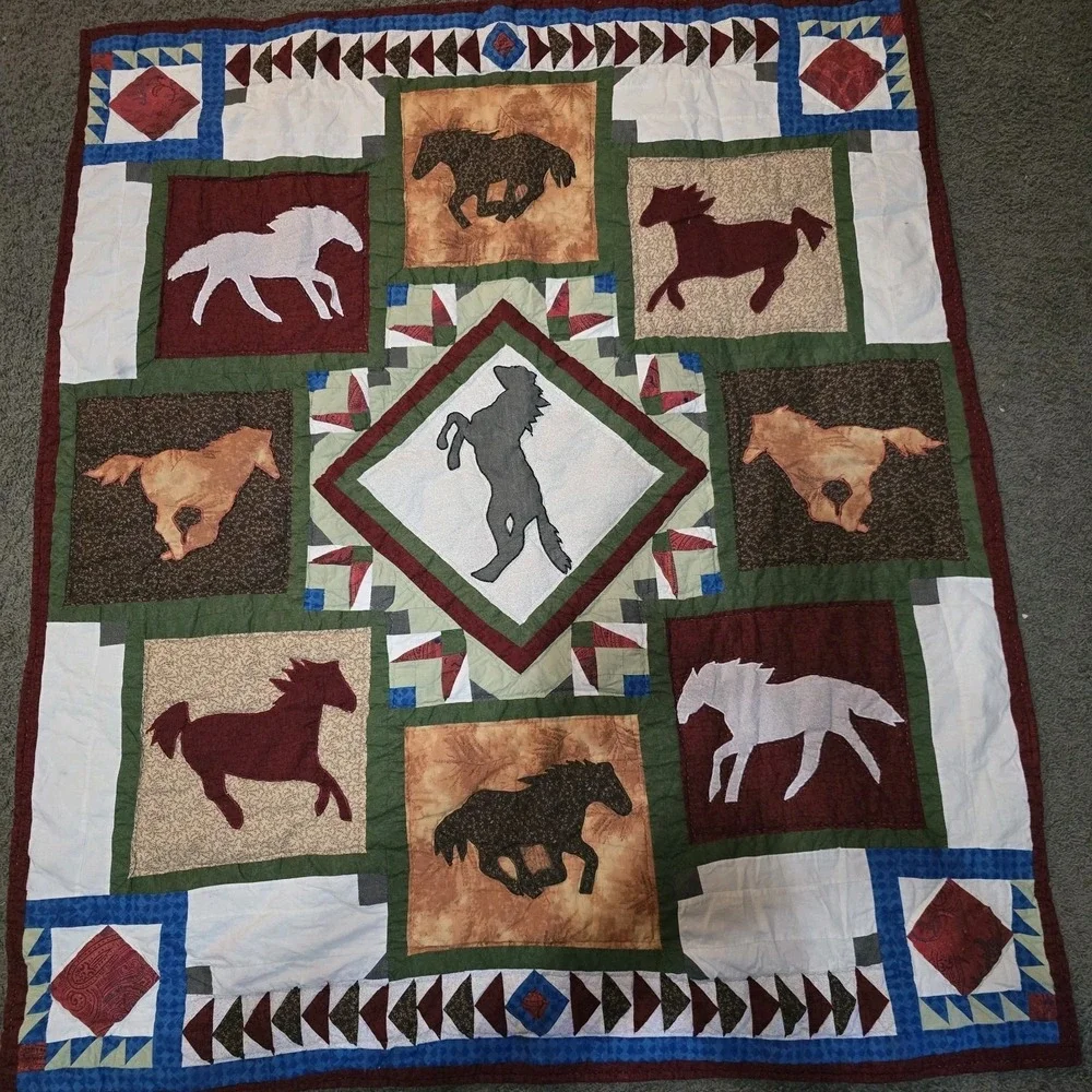 Handmade Western Horse Patchwork Quilt Wall Hanging Equestrian Cabin Decor 46x53